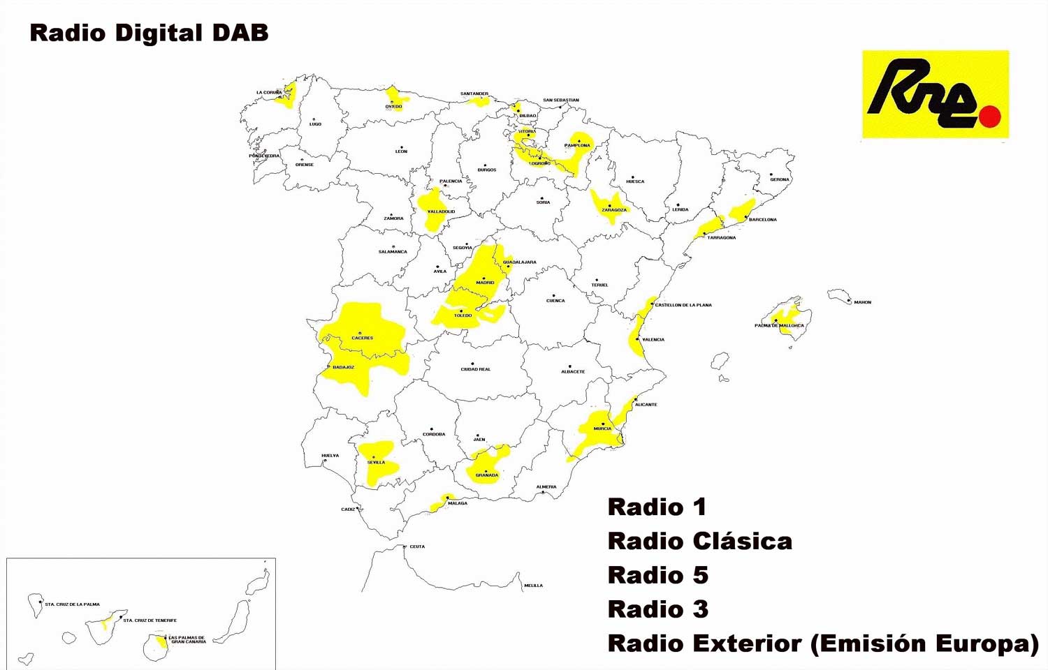 DAB coverage map for Spain (showing only coverage for public radio RNE)