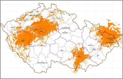 Expected coverage map of the CRo DAB+ multiplex signal on telescopic antenna. (Source: Czech Radio) 