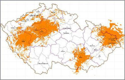 Expected coverage map of the CRo DAB+ multiplex signal on telescopic antenna. (Source: Czech Radio) 