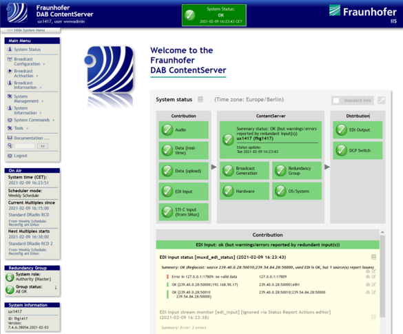 Fraunhofer DAB ContentServer R7 – System Status Overview with Redundancy Management