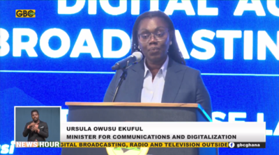 Still from GBC Ghana News Hour showing Minister Ursula Owusu-Ekuful