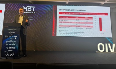 Alexander Kurz from GatesAir on stage at MBT conference behind a lecturn with a slide showing a comparison of FM vs DAB+ on screen behind him