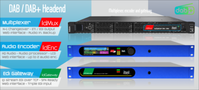ITEL DAB+ headend Graphic showing ITEL DAB+ headend with photos of multiplexer, audio encoder, EDI gateway units