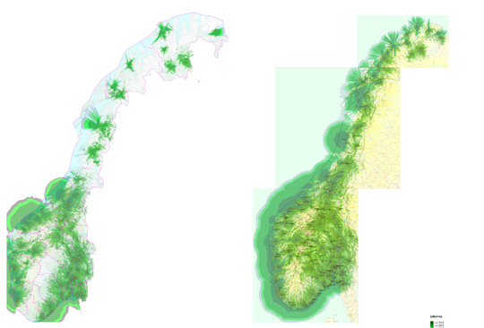 This illustration shows Norway with 80% coverage (left), and 90% (right).