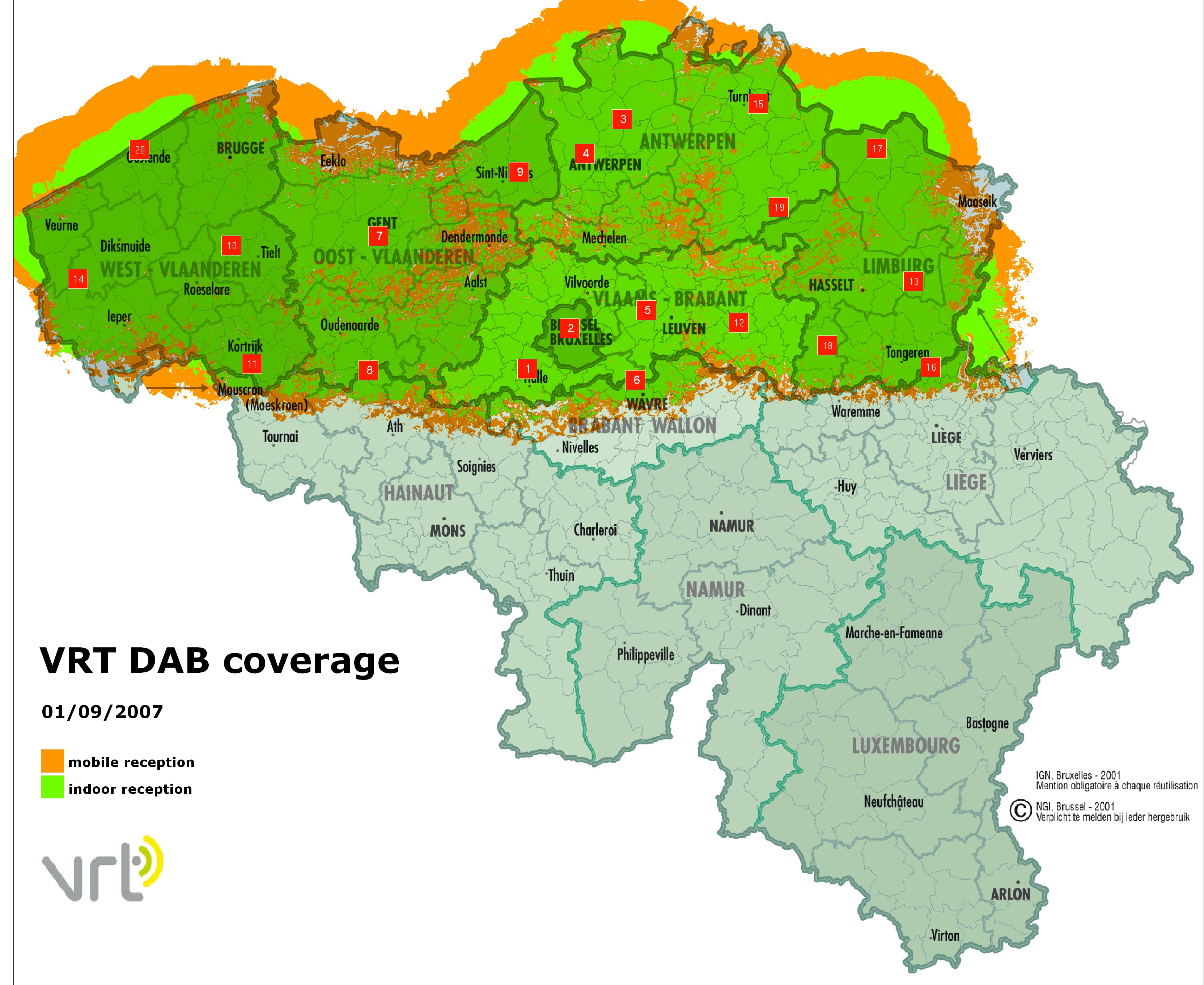 DAB coverage map for the Flemish part of Belgium